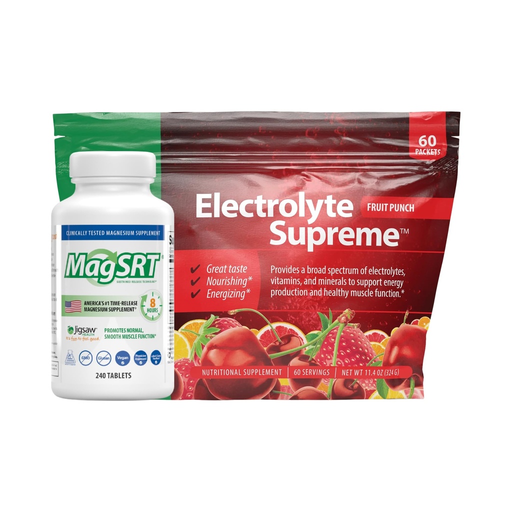 Jigsaw Health Bundle | MagSRT, 240 Tablets, and Electrolyte Supreme (Fruit Punch), 60 Servings (Packets)