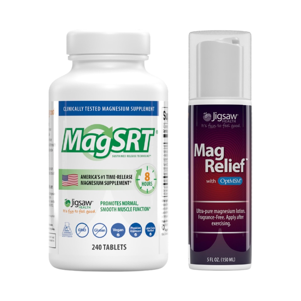 Jigsaw Health Magnesium Bundle | MagSRT, 240 Tablets, and MagRelief, 5 Ounces (Lotion)
