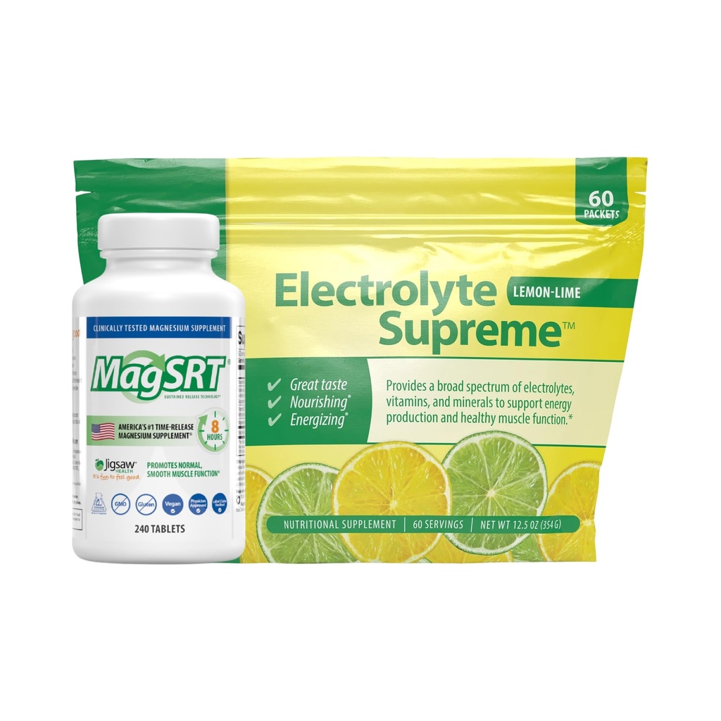 Jigsaw Health Bundle | MagSRT, 240 Tablets, and Electrolyte Supreme (Lemon-Lime), 60 Servings (Packets)