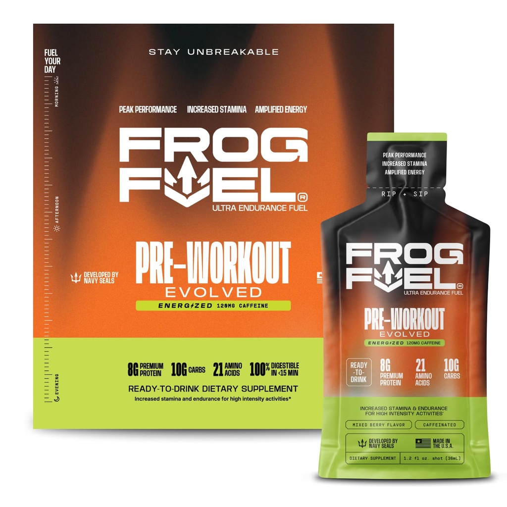 Frog Fuel Ultra Energy Gel & Energized Pre Workout Shot with 120mg Caffeine, 1500mg Beta Alanine, Electrolytes 8g Protein Nano-Hydrolyzed Grass Fed Collagen, 10g Carbs, Berry, 1.2 oz Packets, 24 Pack