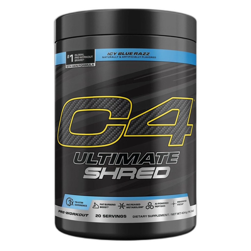 Cellucor C4 Ultimate Shred Pre Workout Powder, Fat Burner για άνδρες και γυναίκες, συμπλήρωμα απώλειας βάρους με εκχύλισμα ρίζας Ginger, Icy Blue Razz, 20 υπηρεσίες