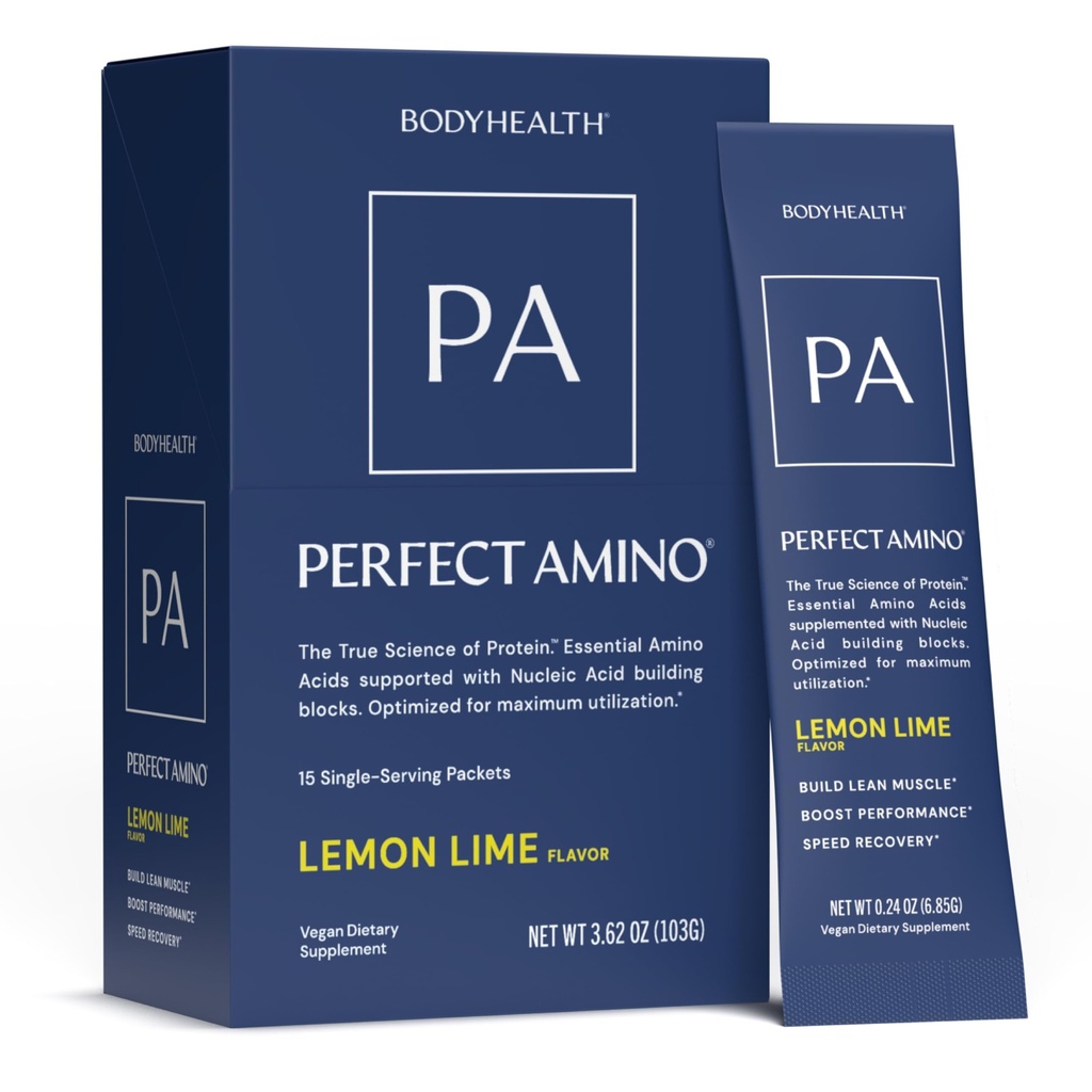 BodyHealth PerfectAmino Powder - BCAA and EAA Powder for Pre and Post Workout - Amino Acid Energy Drink for Men and Women to Support Lean Muscle and Recovery - Lemon Lime - Stick Packs - 15 Servings