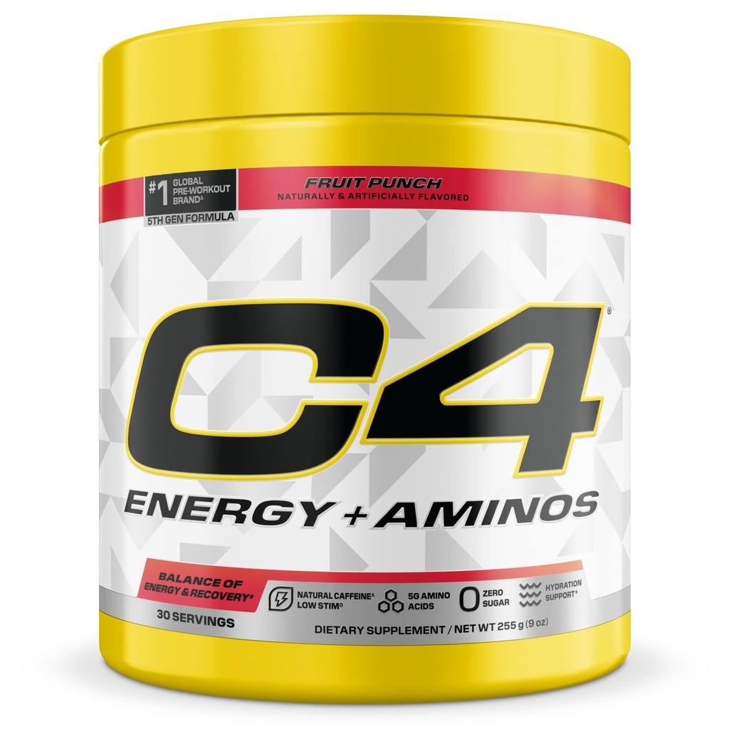 C4 Ενέργεια + σκόνη Aminos, 5g BCAAs & EAAs για την αποκατάσταση των μυών, 3 ηλεκτρολύτες για την ενυδάτωση, 100mg φυσική καφεΐνη, προ προπόνηση, Zero Ζάχαρη, 30 εξυπηρετούν, Punch φρούτων
