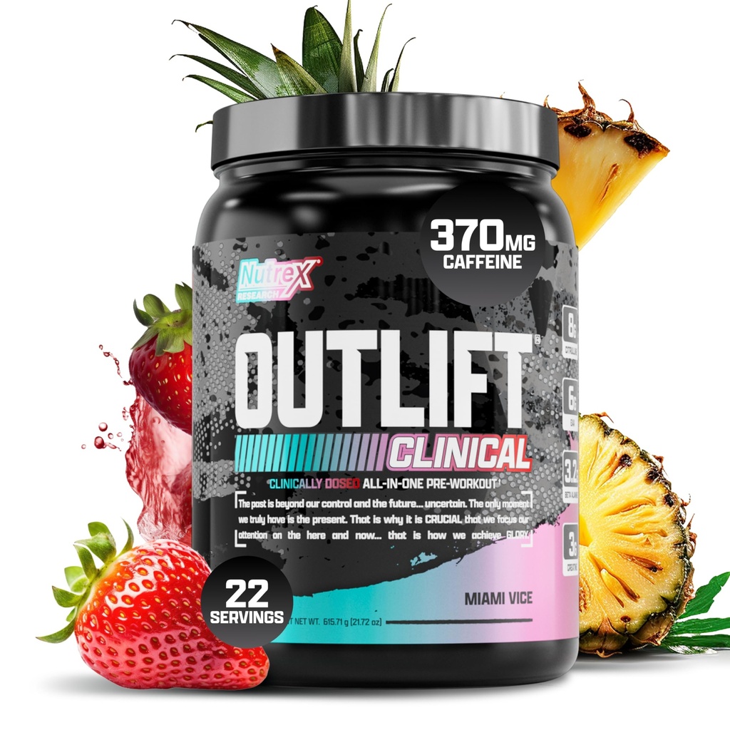 Nutrex Research Outlift Clinical | Clinically Dosed Pre Workout Powder with Creatine, 8G Citrulline, EAA | Energy, Performance, Pump Preworkout | Pineapple and Coconut | (22 Servings, Miami Vice)