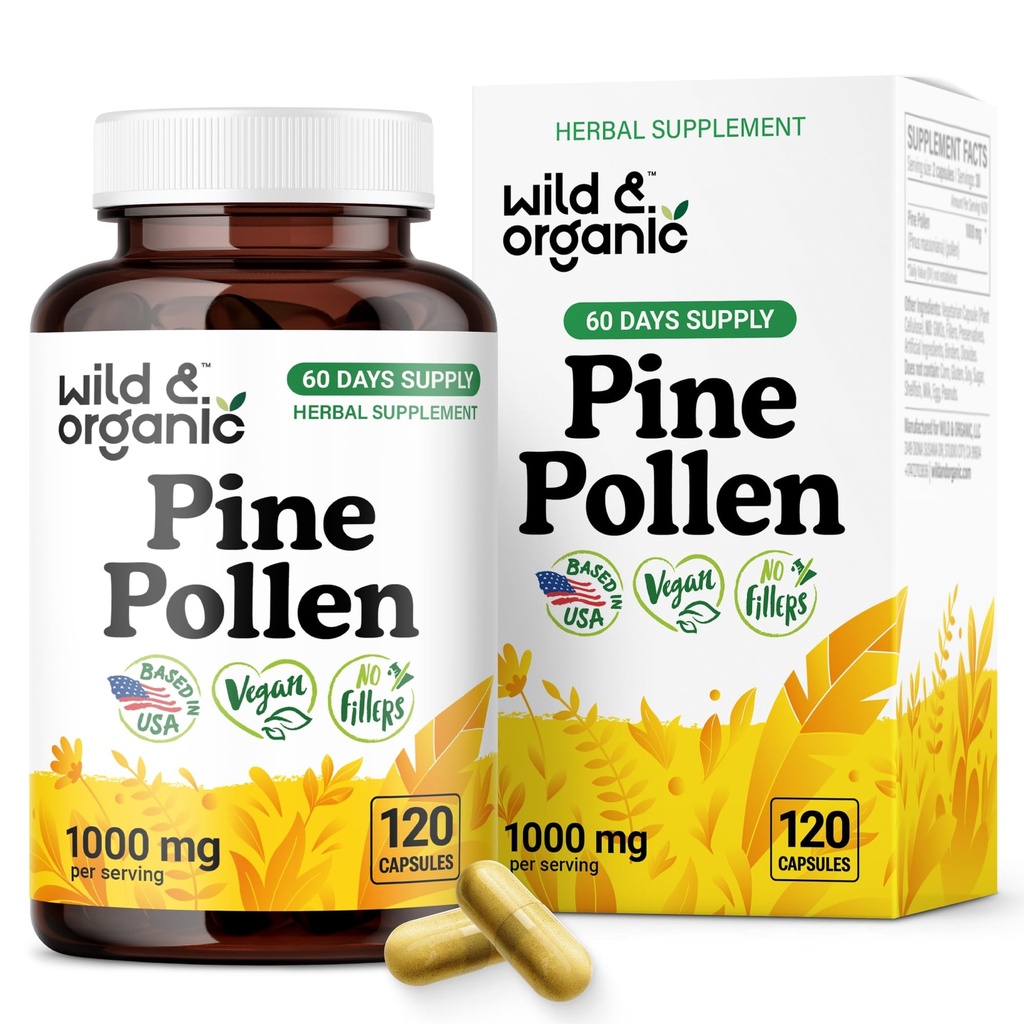 Wild & Organic Pine Pollen for Men Capsules 1000 mg - Men's Overall Support - Pine Pollen Powder Supplement - Pinus Massoniana Extract - Vegan, No Fillers, Non-GMO - 120 Count