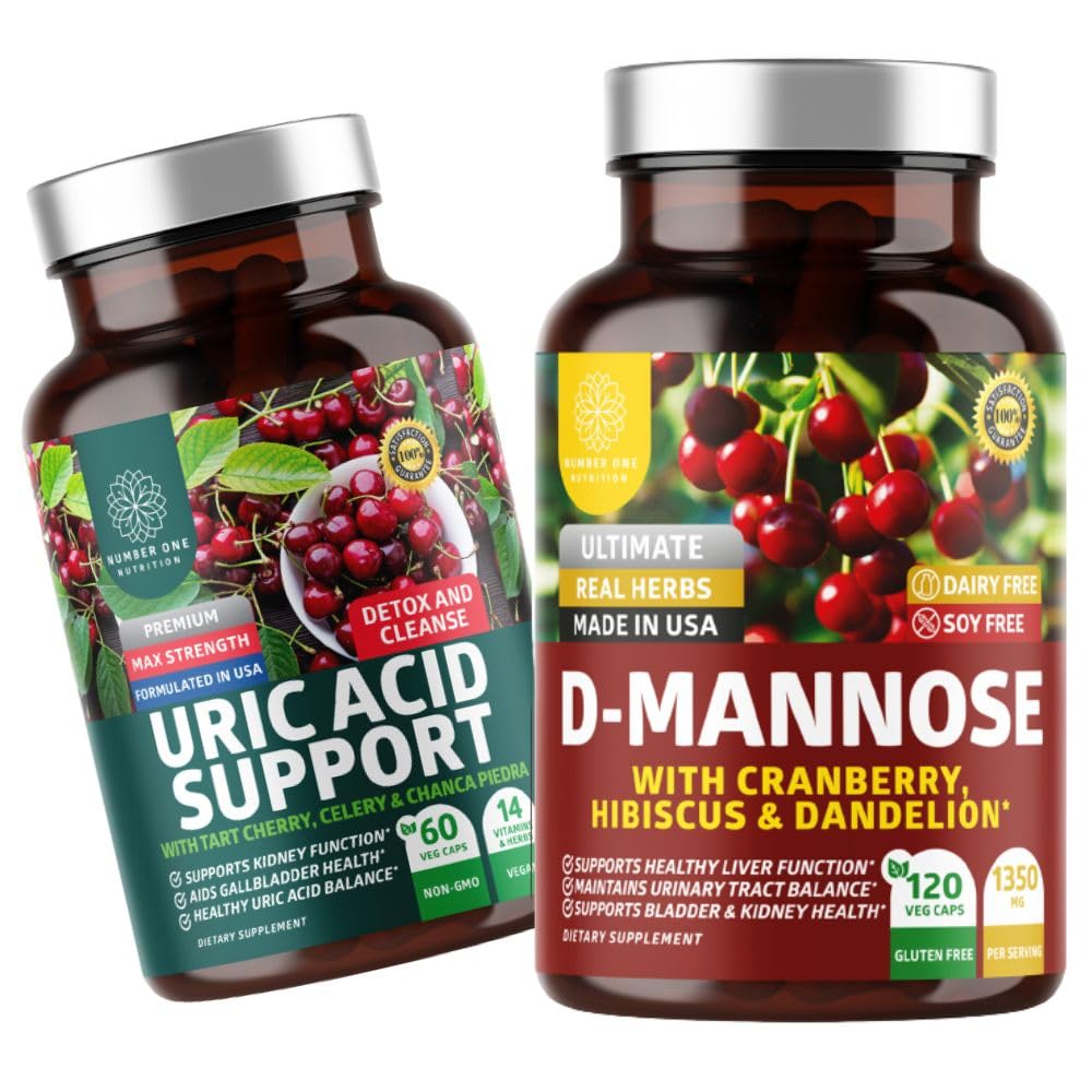 Number One Nutrition N1N Premium D-Mannose με Cranberry & Hibiscus [1350mg], 120 κάψουλες, και Uric Acid Support με 14 Potent Herbs, 60 Capsules, 2 Pack Bundle