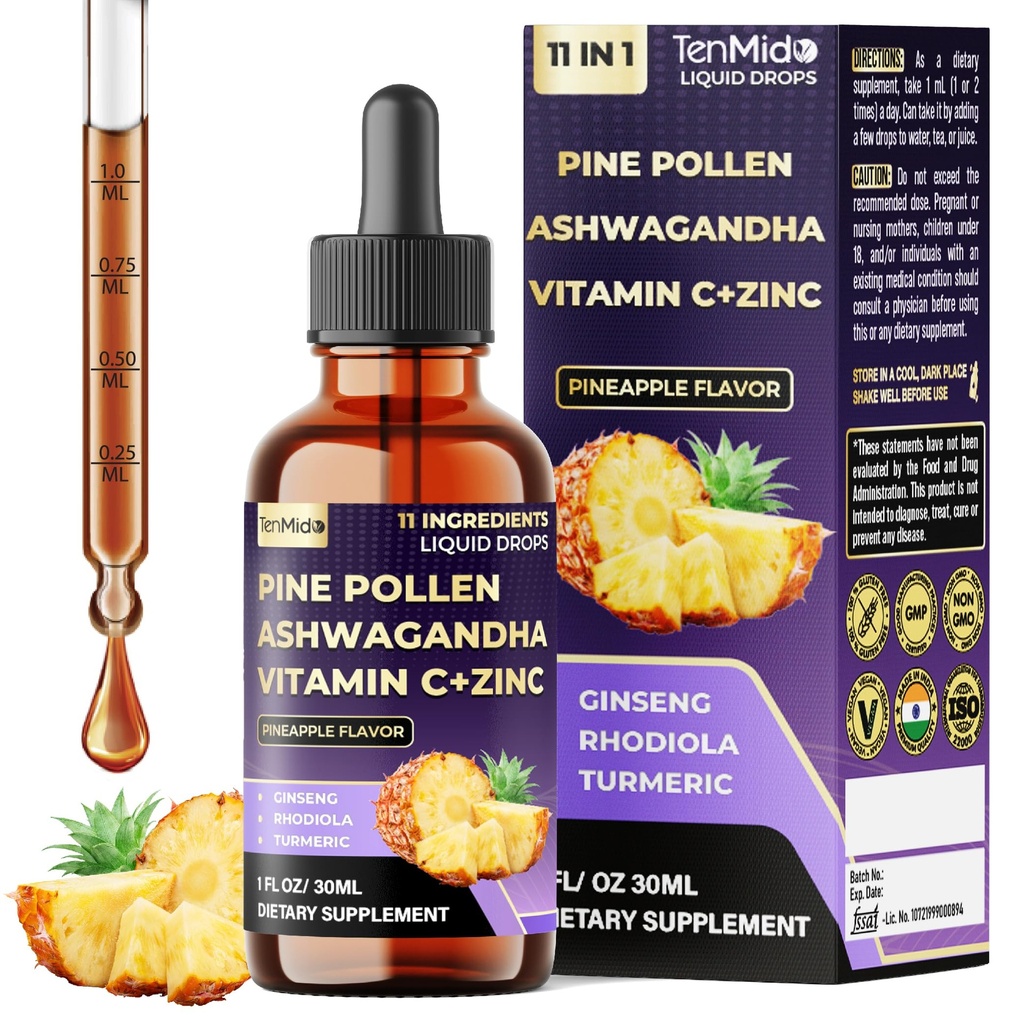 Pine Pollen Tincture - 11in1 with Ashwagandha, Panax Ginseng, Rhodiola Rosea, Turmeric Curcumin, Ginkgo Biloba, Holy Basil, Ginger, Black Pepper & More - 30ml 1Fl Oz