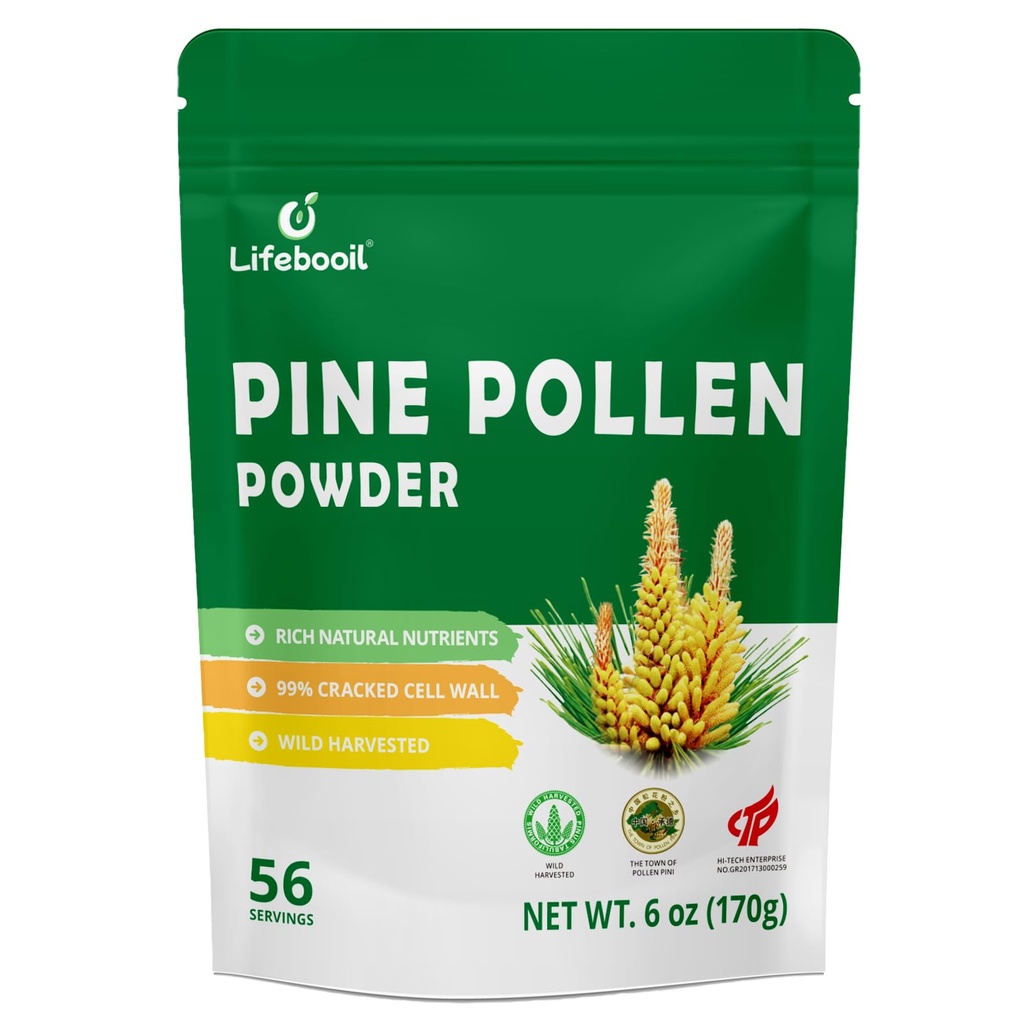 Pine Pollen Powder, Wild - Harvested from Pinus Tabuliformis, 99% Cracked Cell Wall, Non - GMO, Vegan Friendly | Ideal for Drinks, Baking, Smoothies, Cooking | 6 Ounce (170g), 56 Servings