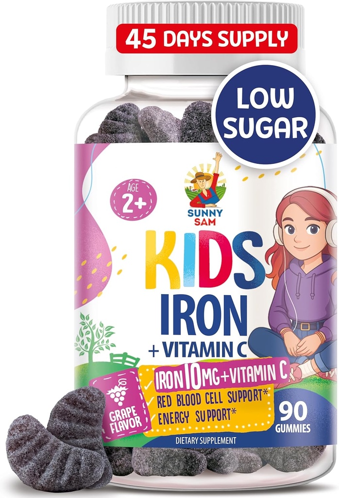 SUNNY SAM Iron Gummies for Kids & Teens - 10mg Σιδήρου Βιταμίνες με Βιταμίνη C - Χαμηλή ζάχαρη Chewable Gummy συμπλήρωμα για την ανοσοποιητική υποστήριξη, υποστηρίζει την παραγωγή ερυθρών κυττάρων αίματος για τα παιδιά & έφηβους κορίτσια