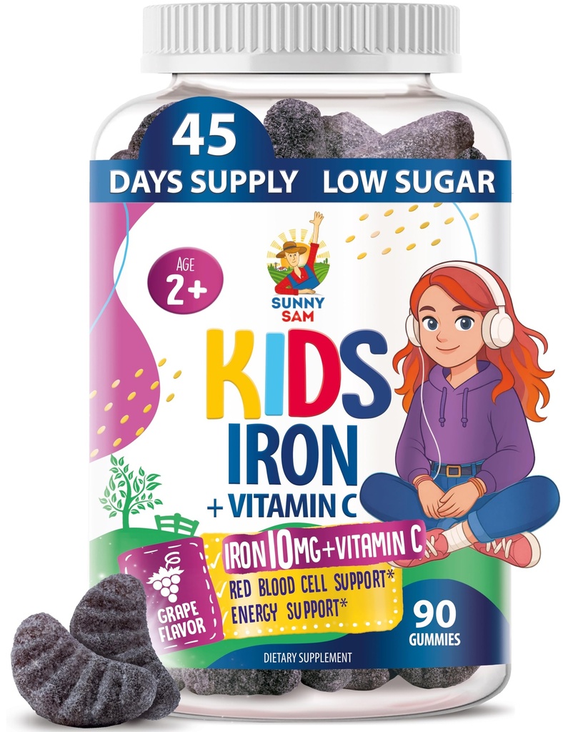 SUNNY SAM Iron Gummies for Kids & Teens - 10mg Σιδήρου Βιταμίνες με Βιταμίνη C - Χαμηλή ζάχαρη Chewable Gummy συμπλήρωμα για την ανοσοποιητική υποστήριξη, υποστηρίζει την παραγωγή ερυθρών κυττάρων αίματος για τα παιδιά & έφηβους κορίτσια