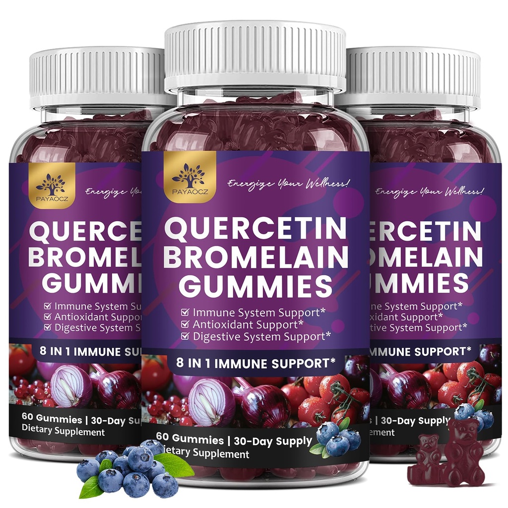 (3 Pack) Quercetin Gummies with Bromelain Zinc Elderberry Vitamin C D3 K2, Quercetin 1000mg Supplement with Bromelain 500mg for Cardiovascular, Immune System & Allergy, Vegan Gummy for Adult & Kid