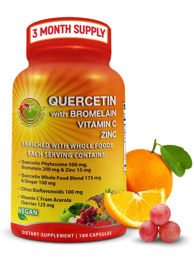 Quercetin with Bromelain Vitamin C and Zinc Enriched with Organic Whole Foods - 1215mg per Serving - Quercetin Phytosome 500mg Capsules with Ginger and Flavonoids for Immune Support - 180 count