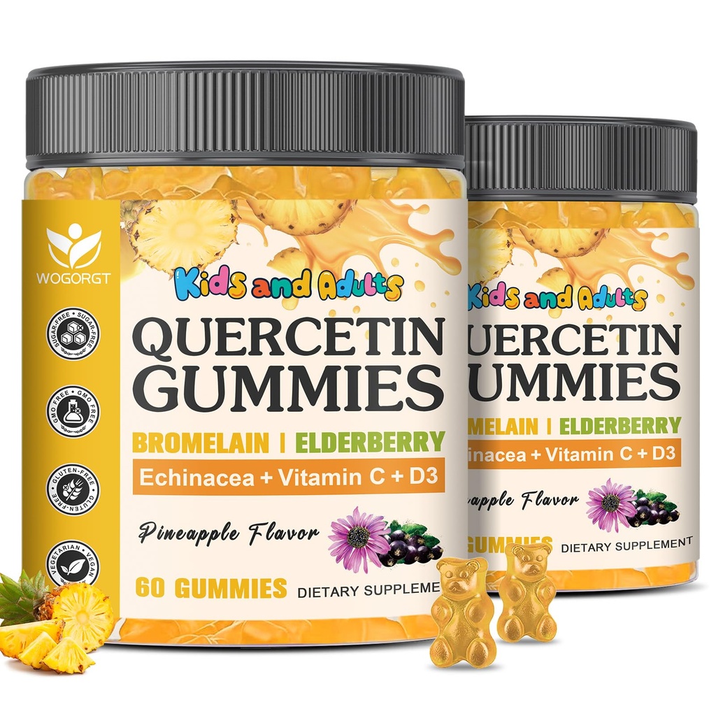Quercetin Gummies with Bromelain for Adults & Kids - 800mg Quercetin with Bromelain, Elderberry, Vitamin C, D3 - Immune, Seasonal Wellness Support - Sugar Free, Vegan, Pineapple Flavor, 60 Ct (2 Pack)