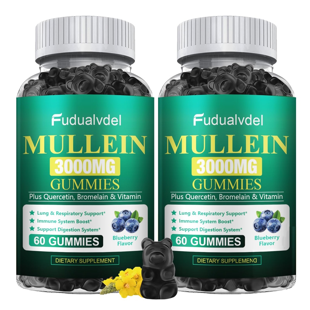 3000mg Organic Mullein Gummies - Contains Mullein Leaf Extract, Supplement Breathing with Quercetin and Bromelain, Immune Support, 120 Cts
