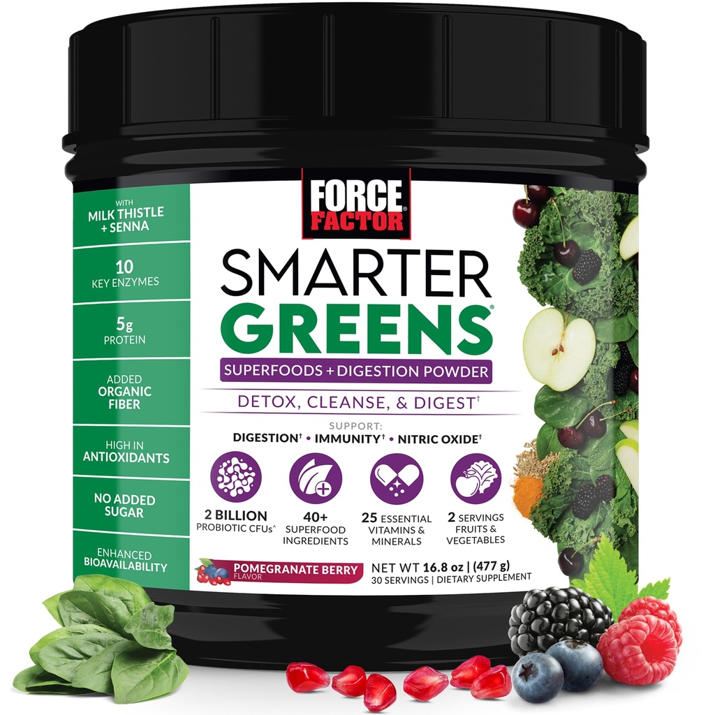 Force Factor Smarter Greens Superfoods Σκόνη για την υποστήριξη Digestion, Gut Health, Bloating, Greens Powder with Probiotics, Prebiotics, Digestive Enzymes, & Adaptogens, Pomegranate Berry, 30 Υπηρεσίες