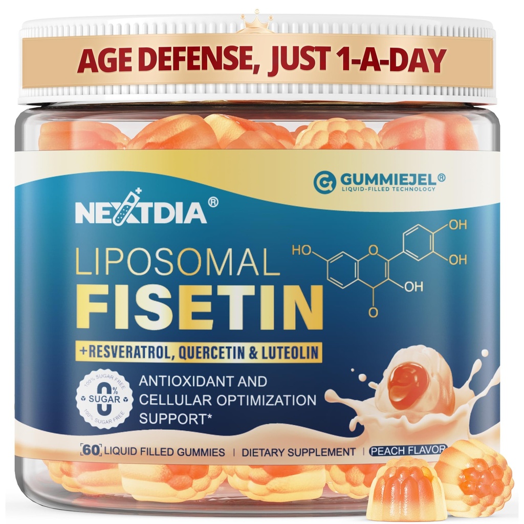 Liposomal Fisetin 200mg & Resveratrol Complex 500mg Liquid Gummies - Longevity & Cell Renewal Support - 98% High Purity Fisetin,Trans-Resveratrol Quercetin Luteolin with Vitamins C & E, 1-A-Day, 60Cts