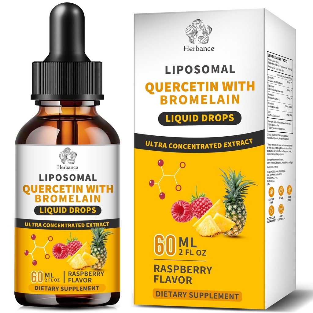 Liposomal Quercetin with Bromelain Liquid Drops for Kis & Aldult- Higher Absorption, Quercetin Supplements 700mg w. Bromelain Elderberry Zinc Vitamin C for Immune, Heart, Antioxidant Support