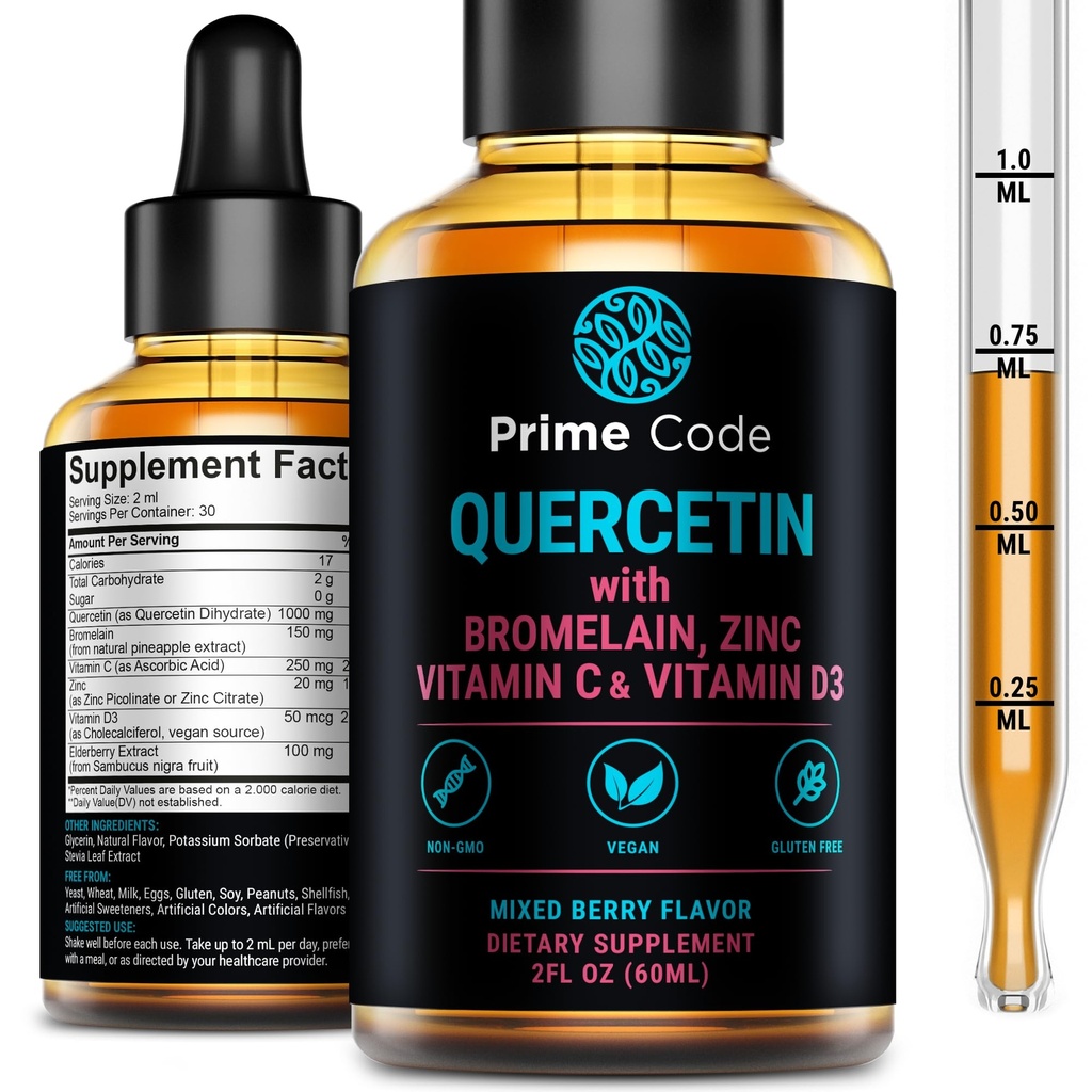 Prime Code Quercetin Liquid with Bromelain, Zinc, Vitamin C & D3 – Mixed Berry Flavor – Vegan, Non-GMO, Gluten Free Antioxidant & Immune Support Supplement – High Absorption 2 fl oz (60mL)