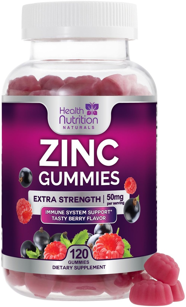 Zinc Gummies 50mg per Serving - Extra Strength Immune Support Antioxidant Gummy, Non-GMO & Gluten Free - Best Zinc Supplement for Skin Bone & Heart Health - Chewable Tasty Berry Flavor - 120 Gummies