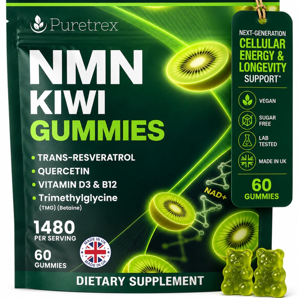 NMN Gummies 500mg with Trans-Resveratrol 200mg, Quercetin, TMG, Vitamin D3 B12, 1480mg NAD+ Supplement, Cellular Energy, Longevity & Healthy Aging Support, Vegan, 60 Kiwi Gummy Bears