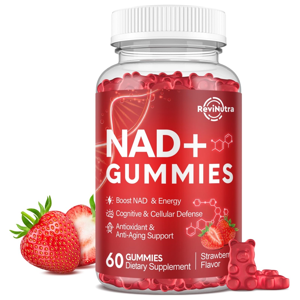 NAD+ Supplement Gummies, NAD Reveratrol Supplement for Women & Men, NAD+ with TMG, ALA, PQQ, CoQ10, Quercetin for Anti-Aging, Brain, Cellular Energy Health, Strawberry Flavor, 60ct
