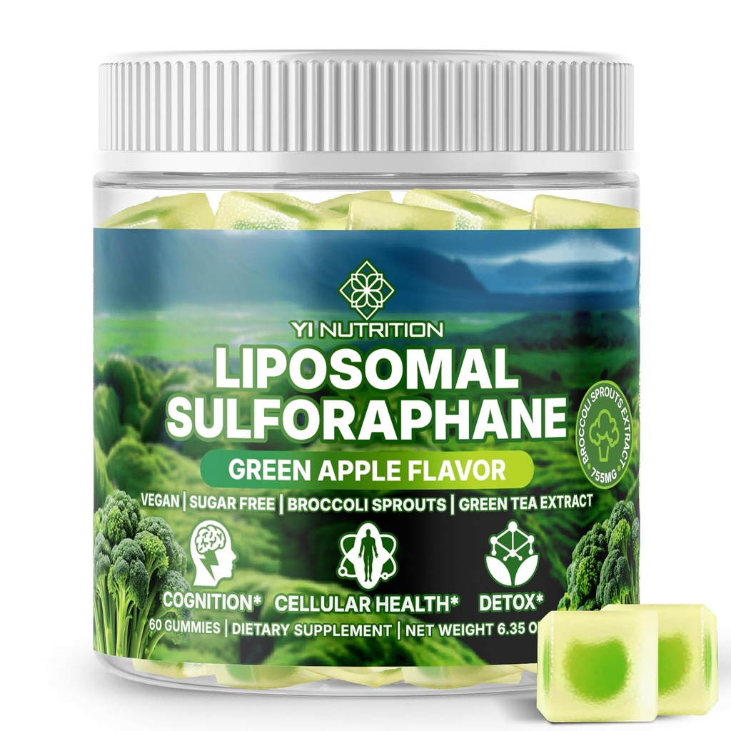 Liposmal Sulforaphane Gummies - Broccoli Sprouts Extract 755mg Total with Myrosinase, Glucoraphanin, and Green Tea Extract | Broccoli Sprout Supplement for Antioxidant, Detox & Cellular Health