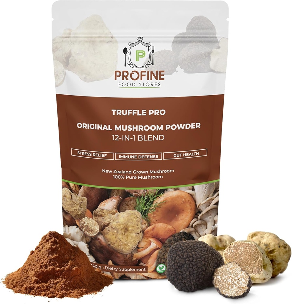 PROFINE Truffle PRO Mushroom Powder 12 in - 1 Super Blend με Μαύρο Truffle και Λευκό Truffle - USDA Organic - Συμπλήρωμα - Προσθήκη στον καφέ / Tea / Smoothies - Ολόκληρα Μανιτάρια - Χωρίς πληρωτικά