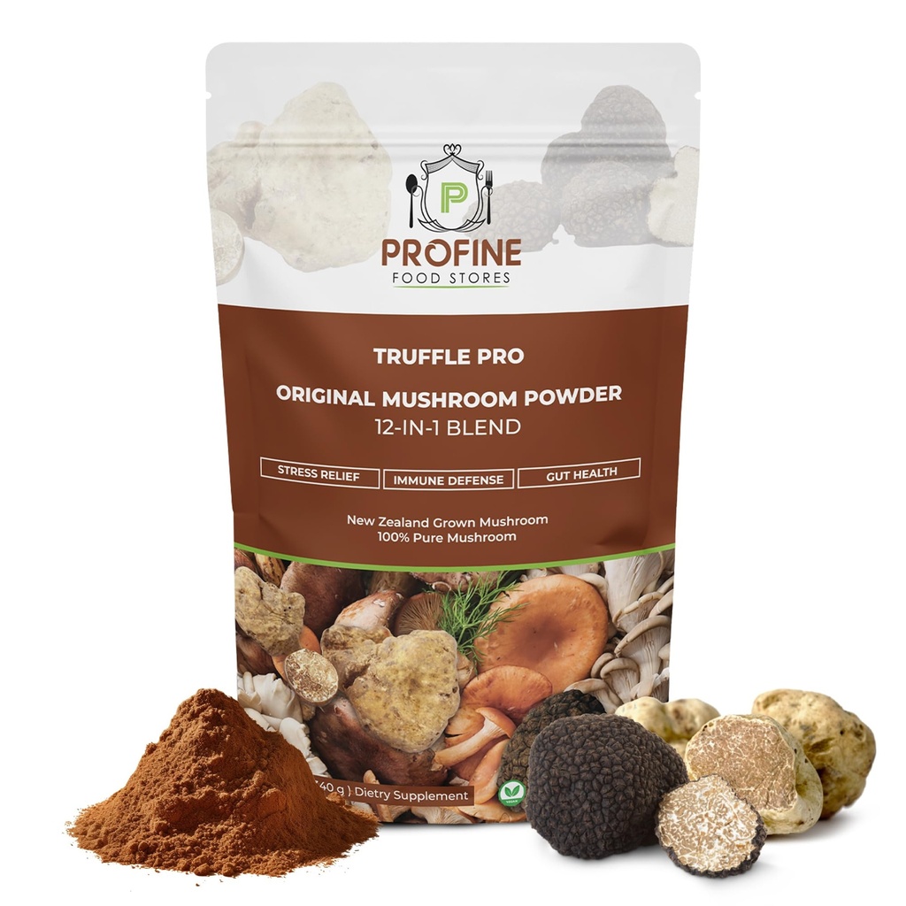 PROFINE Truffle PRO Mushroom Powder 12 in - 1 Super Blend με Μαύρο Truffle και Λευκό Truffle - USDA Organic - Συμπλήρωμα - Προσθήκη στον καφέ / Tea / Smoothies - Ολόκληρα Μανιτάρια - Χωρίς πληρωτικά