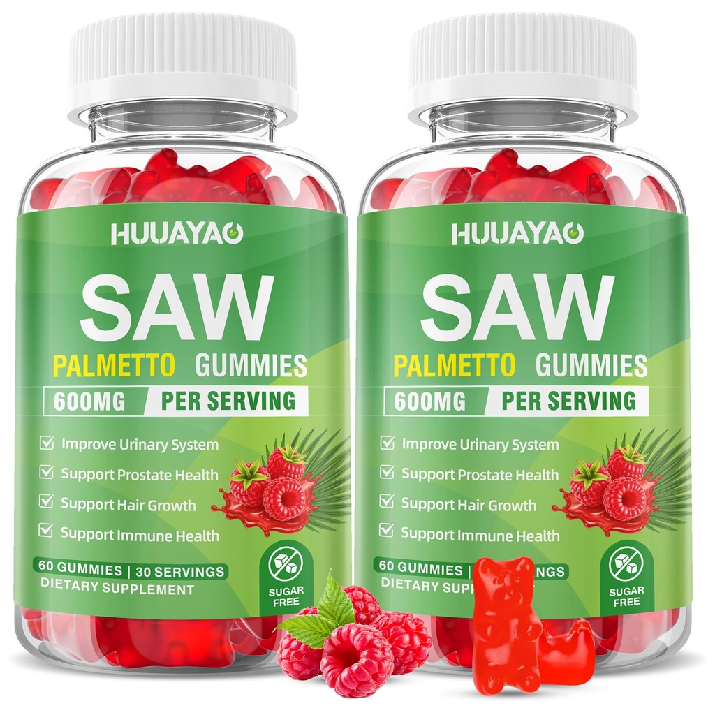 Saw Palmetto Gummies 600mg Saw Palmetto Supplement with Pumpkin Seed Oil, Biotin, Prostate Health Supplements for Men, Advanced DHT Blocker, Hair & Urinary Health Support, Raspberry Flavor, 120 Counts