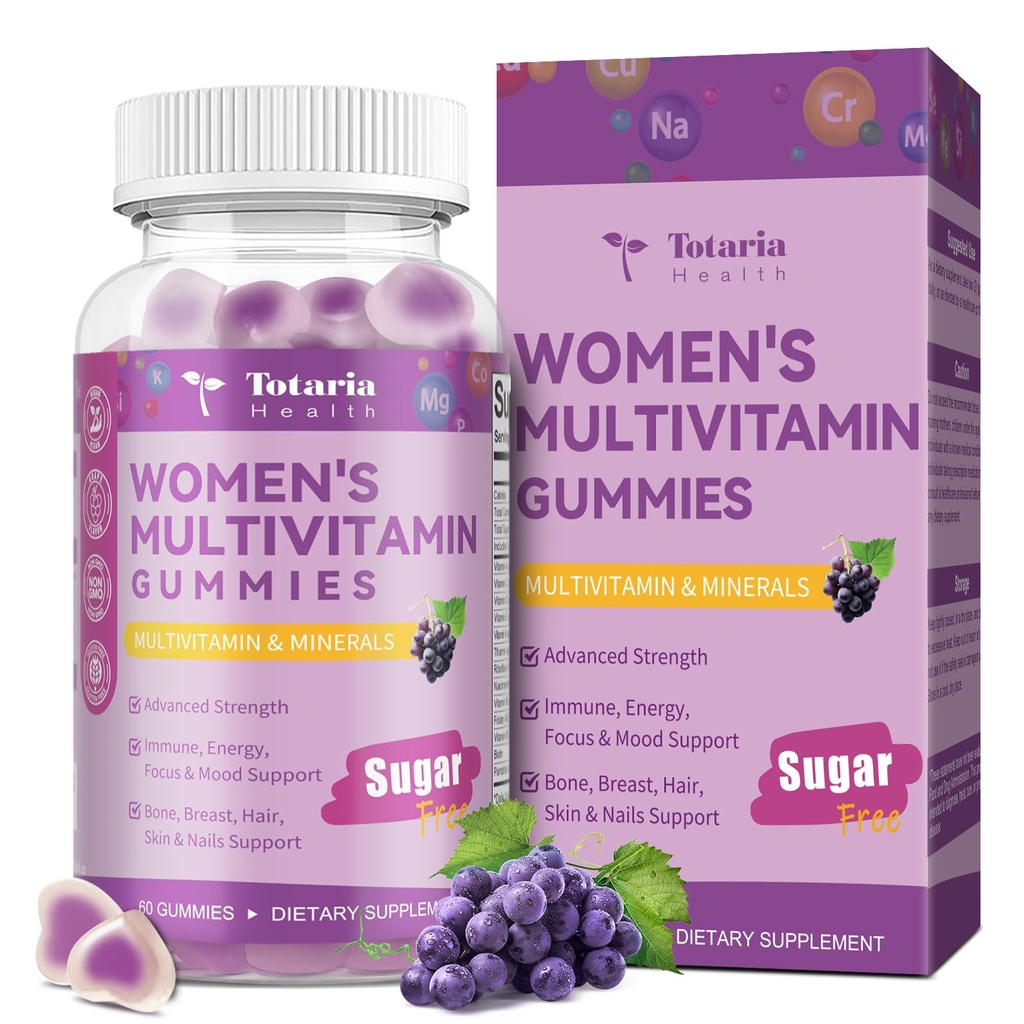Totaria Sugar Free Multivitamin Gummies for Women 14+ w/Iron, Inositol, Folate, Biotin, Womens Daily Multivitamin Gummy w/Vitamin A, C, B, D3, K2, for Hair, Skin, Energy, Immune, Grape Flavor