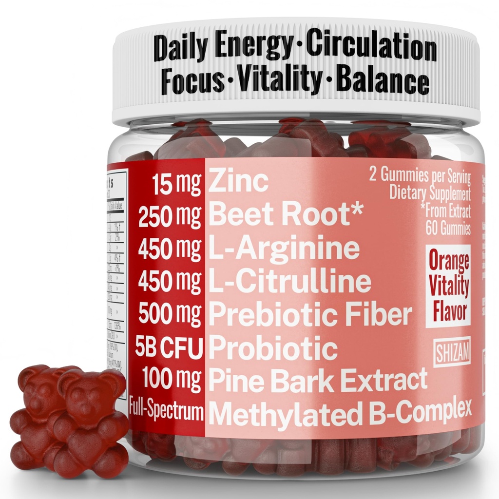 Pine Bark Extract L-Arginine L-Citrulline Beetroot Probiotic Fiber Methylated B Complex Zinc Gummies for Women Men Adults Kids w. Chicory Root Inulin 5-MTHF B6 P5P Powder Capsule Pill Supplement Alt