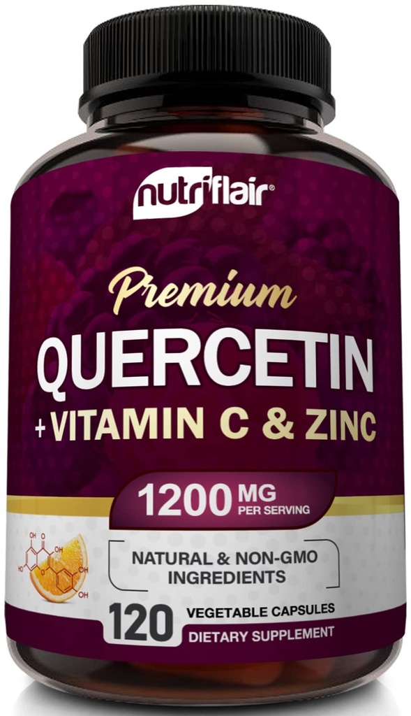 NutriFlair Quercetin 1200mg with Vitamin C and Zinc, 120 Capsules - All-Natural Supplement, Gluten-Free, Soy-Free, Non-GMO, Easy-to-Swallow, 2-Month Supply