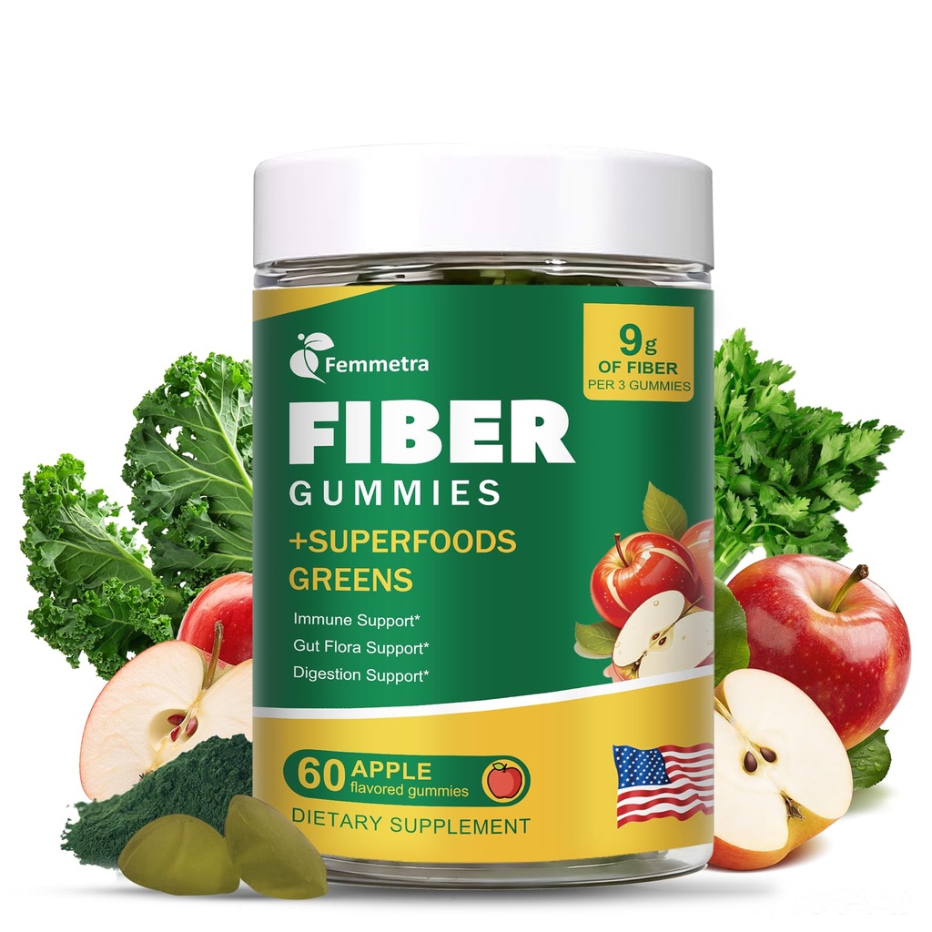 9G Fiber Gummies for Digestive Health & Regularity - No Sugar Added Apple Flavor - Prebiotic Fiber Supplement with Greens - Daily Gummies for Adults, Women & Men - 60CT