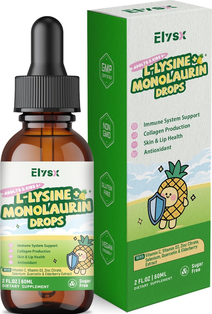 L-lysine Monolaurin Liquid Drops, Lysine 1000mg Supplement for Kids & Adults, with Vitamin C & D3, Zinc Citrate, Selenium, Quercetin & Elderberry Extract, Immune Support, Lip & Skin Health, 2 FL OZ