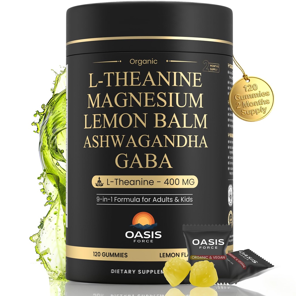 L-Theanine 400mg Gummies, L Theanine Supplement for Kids & Adults with Magnesium Glycinate, GABA, Ashwagandha, L'theanine Chewable for Restful Sleep, Stress Support, Relaxation, Calm, 60 Day Supply