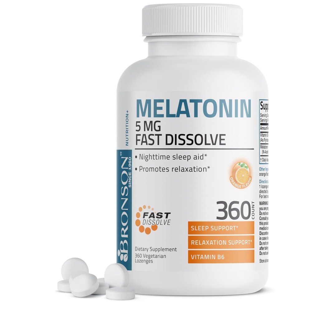 Bronson Melatonin 5mg Fast Dissolve Orange Flavor Tablets with Vitamin B6 - Promotes Relaxation, 360 Vegetarian Chewable Lozenges