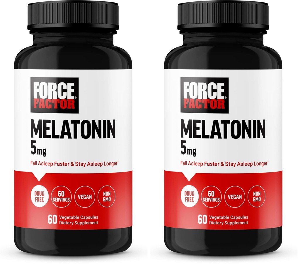 Force Factor Melatonin 5mg, Drug-Free Supplement, Vegan, Non-GMO, 60 Vegetable Capsules (Pack of 2)