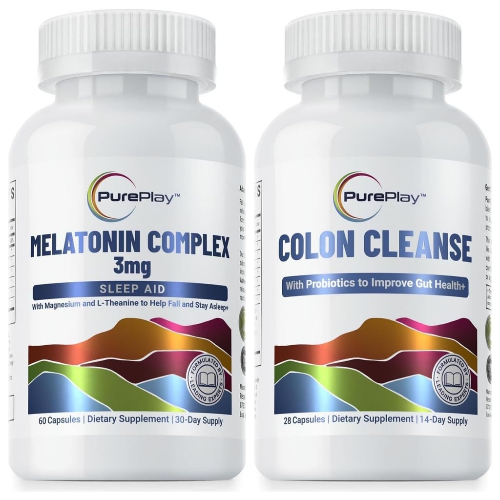 PurePlay Sleep Aids & Gut Health Bundle, Melatonin 3mg Complex with Magnesium & Ashwagandha Plus 14 Day Colon Cleanse with 11-Strain Probiotics, 88 Capsules
