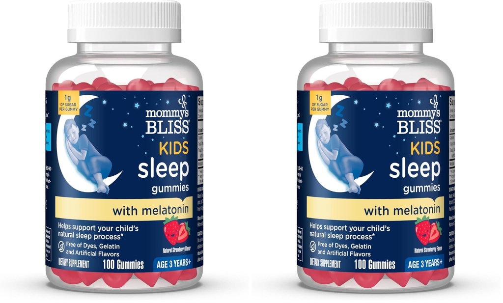 Mommy's Bliss Kids Sleep Melatonin Gummies, Non Habit-Forming with No Artificial Colors, Flavors or Gelatin - Age 3 Years+ - Strawberry Flavor - 100 Sleep Gummies,(Pack of 2)