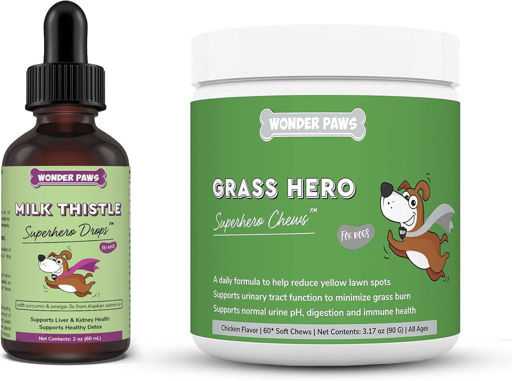 WONDER PAWS Milk Thistle Drops Plus Grass Hero Soft Chews - for Dogs Liver and Kidney Support, Detox & Urinary Tract Health - Milk Thistle 2 Ounces - Grass Hero 60 Chews
