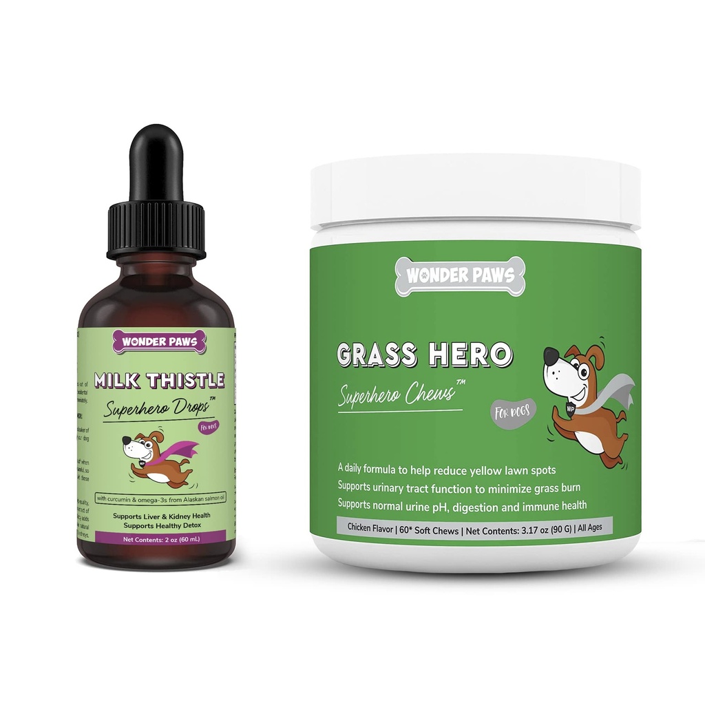 WONDER PAWS milk Thistle Drops Plus Grass Hero Soft Chews - για σκύλους ήπαρ και νεφρά Υποστήριξη, Detox & Urinary Tract Υγεία - Γαϊδουράγκαθο γάλα 2 Ουγγιά - Grass Hero 60 Μασούρια
