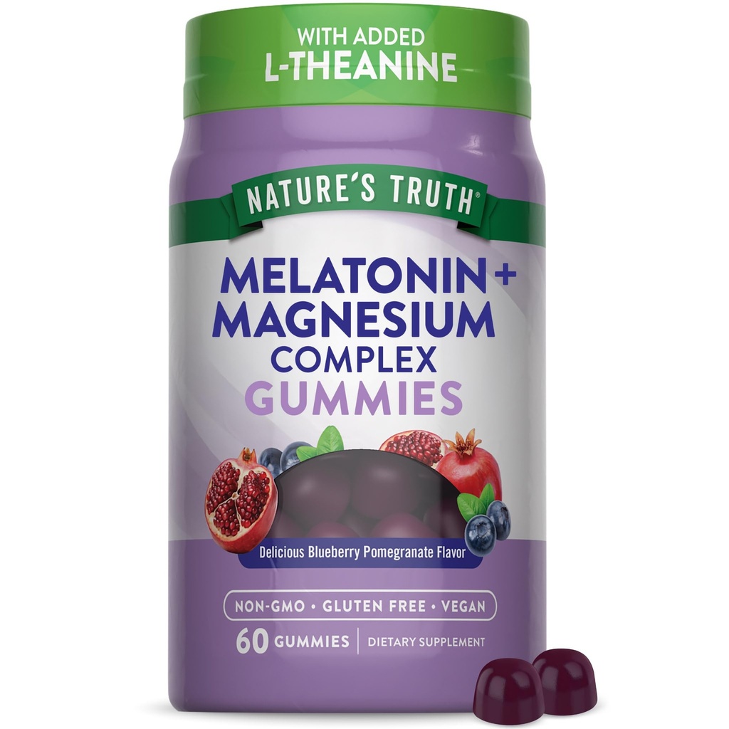 Nature's Truth Melatonin with Magnesium Gummies | 60 Count | Plus L-Theanine | Blueberry Pomegranate Flavor | Vegan, Non-GMO & Gluten Free Supplement