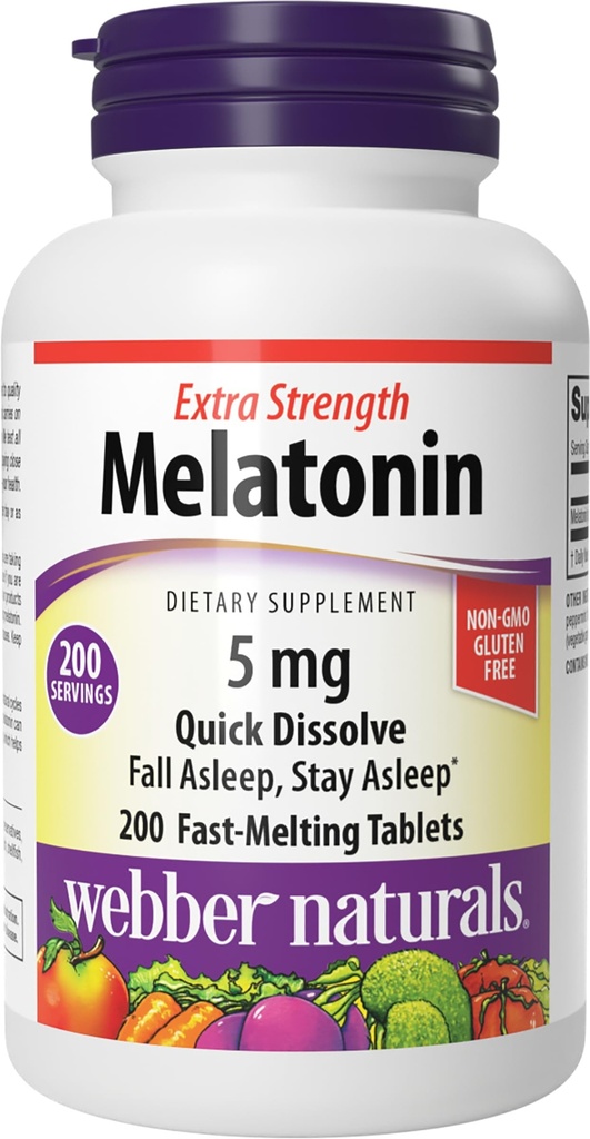 Webber Naturals Extra Strength Melatonin 5mg, Fast-Melting Tablets, 200 Day Supply, 100% Drug Free Sleep Supplements for Adults, Peppermint Flavored, Gluten Free, Non-GMO, Vegetarian Formula