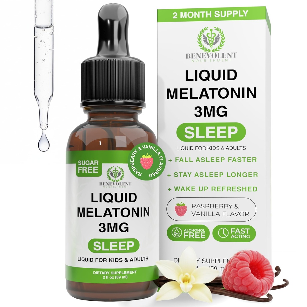 Benevolent Liquid Melatonin Drops for Adults and Kids 3mg - Melatonin Liquid as Fast-Acting Sleep Aid to Fall Asleep Faster & Longer - Non-GMO & Made in USA - Berry Vanilla Flavor, 2 Month Supply