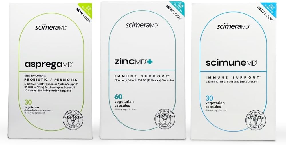 ScimeraMD® AspregaMD 30CT Probiotic + Prebiotic, ScimeraMD® ScimuneMD 30CT Ανοσολογική υποστήριξη και ScimeraMD® ZincMD Ανοσοποιητικό συμπλήρωμα υποστήριξης για την Digestive Υγεία και την υποστήριξη ανοσοποιητικού συστήματος