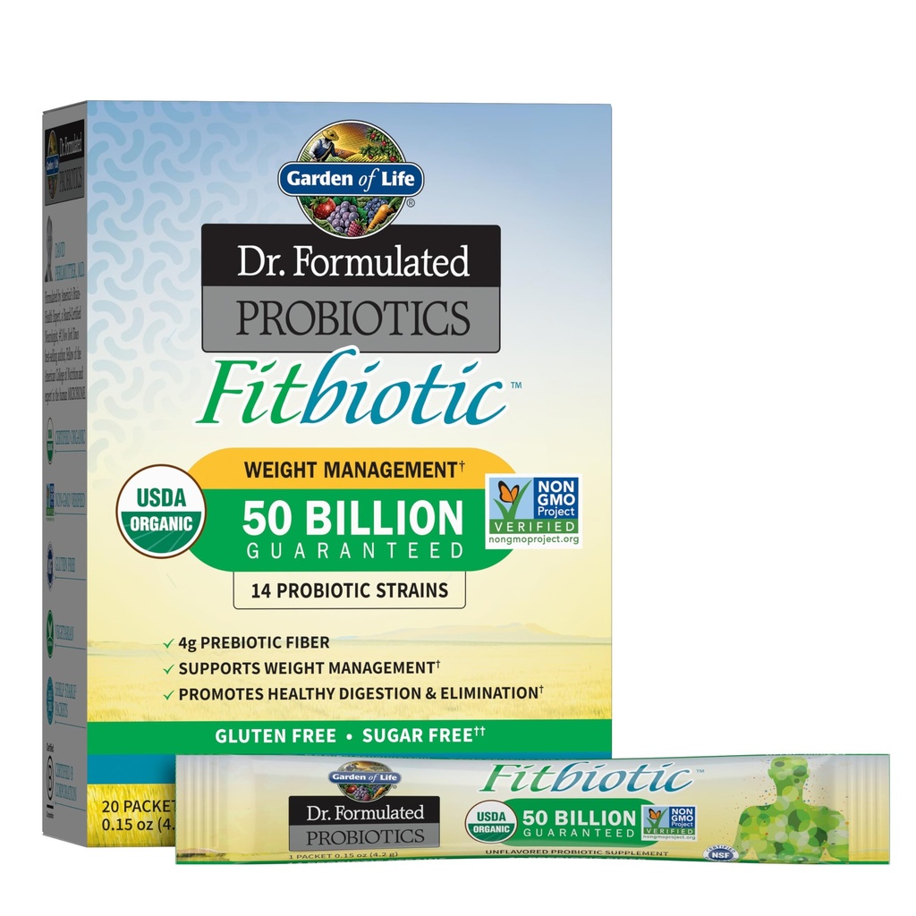 Garden of Life Dr. Formulated Probiotics Fitbiotic Weight Management Powder, 50 Billion CFU & Prebiotic Fiber, Organic & Non-GMO Digestive Gut Health Probiotic Supplement, 20 Single Serving Packets