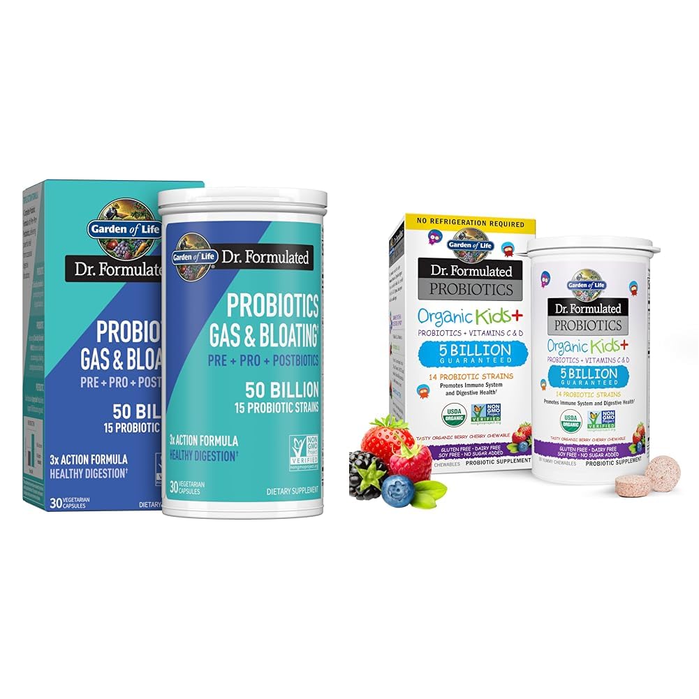 Garden of Life Dr Formulated Once Daily 3-in-1 Complete Prebiotics, Postbiotics & Probiotics & Dr. Formulated Probiotics Organic Kids+ Plus Vitamin C & D - Berry Cherry