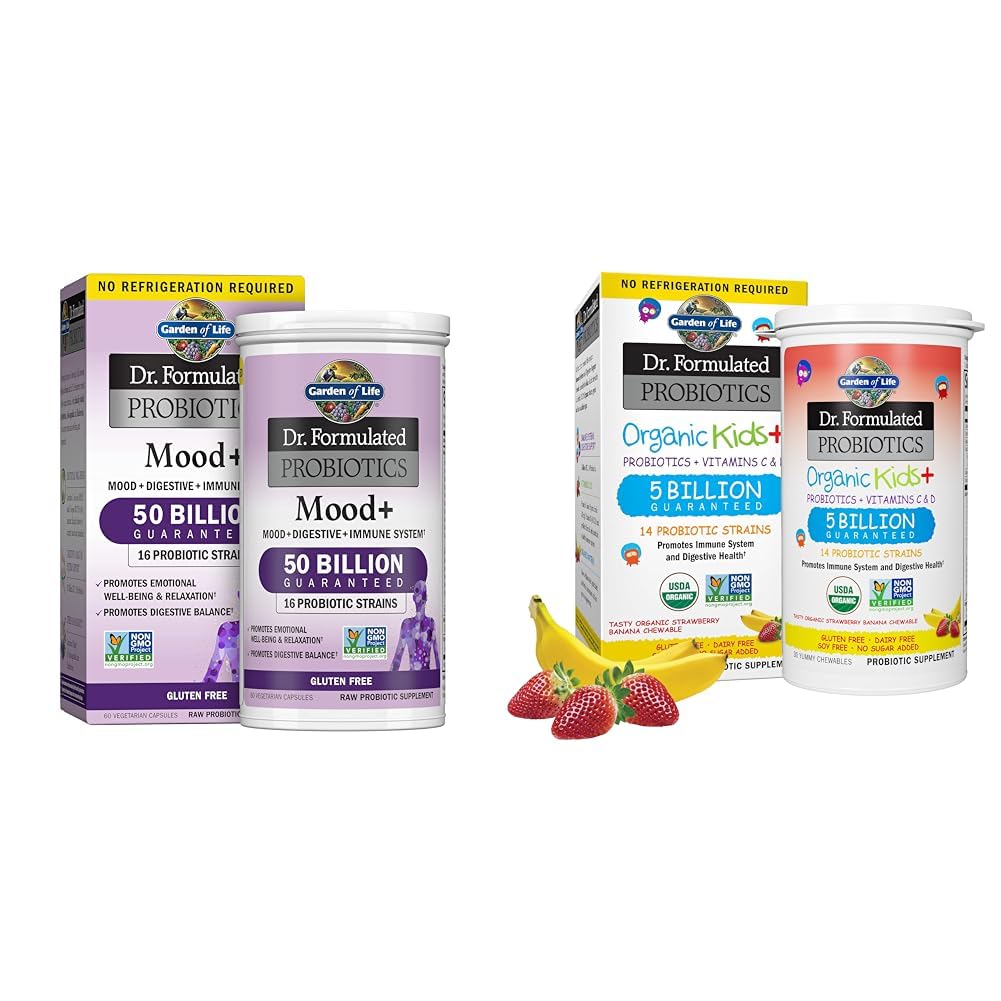 Garden of Life Dr Formulated Probiotics Mood+ for Emotional Wellbeing, Kids+ Organic Probiotics for Immune & Digestive Health, 60 & 30 Count