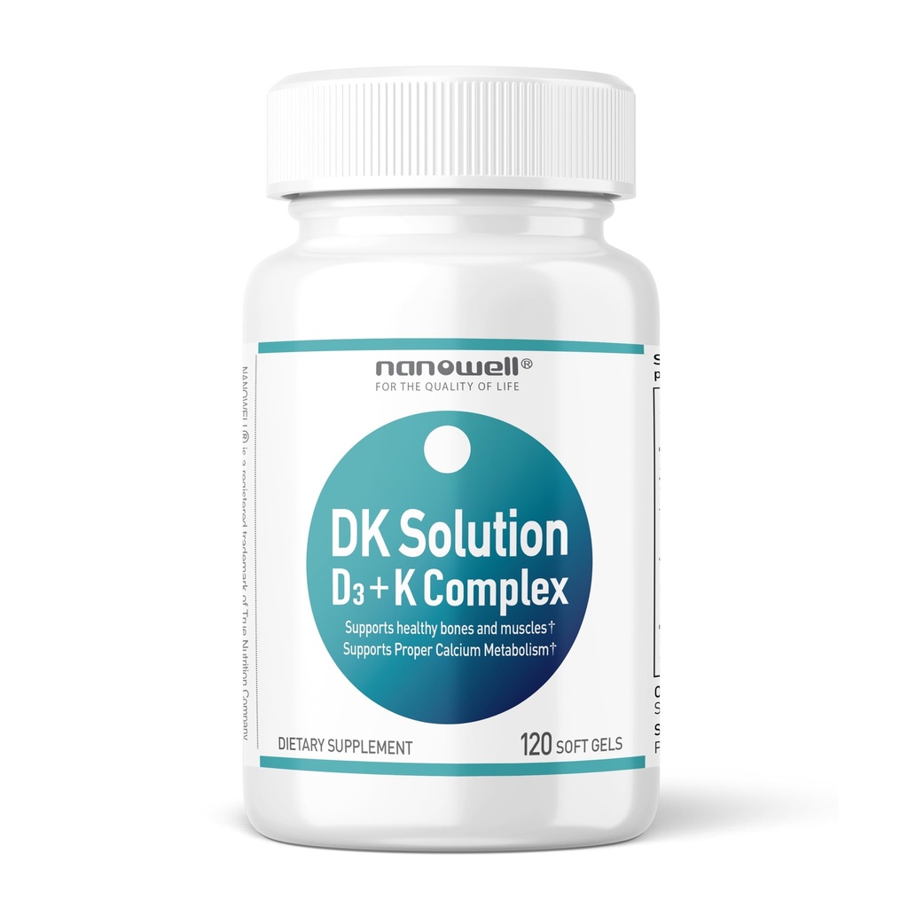 NANOWELL DK Solution Vitamin D3 2000 IU (50 mcg) + K Complex - Συμπλήρωμα διατροφής για την υποστήριξη της υγείας των οστών, των μυών και του ανοσοποιητικού - 120 Softgels, 120 Day Supply
