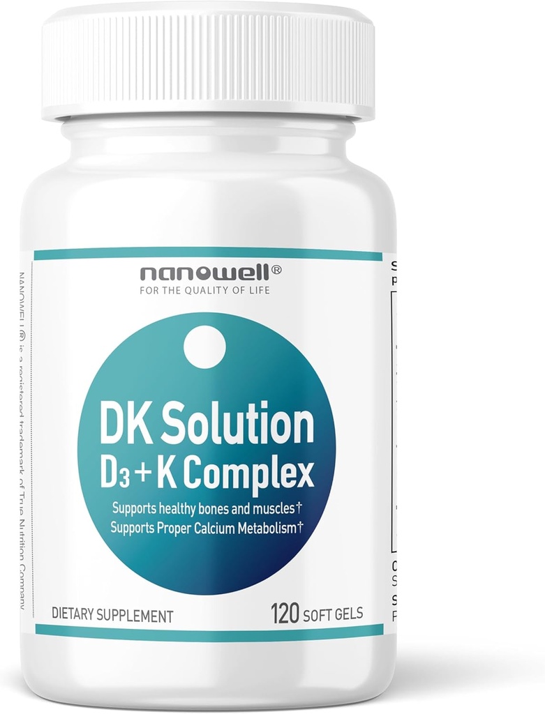 NANOWELL DK Solution Vitamin D3 2000 IU (50 mcg) + K Complex - Συμπλήρωμα διατροφής για την υποστήριξη της υγείας των οστών, των μυών και του ανοσοποιητικού - 120 Softgels, 120 Day Supply
